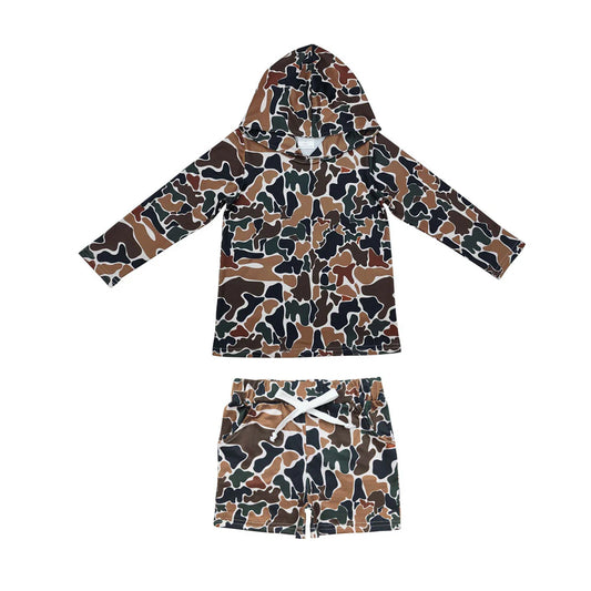 RTS NO MOQ Baby Boys Dark Brown Camo Hoodie Top Pockets Shorts Southern Clothes Sets