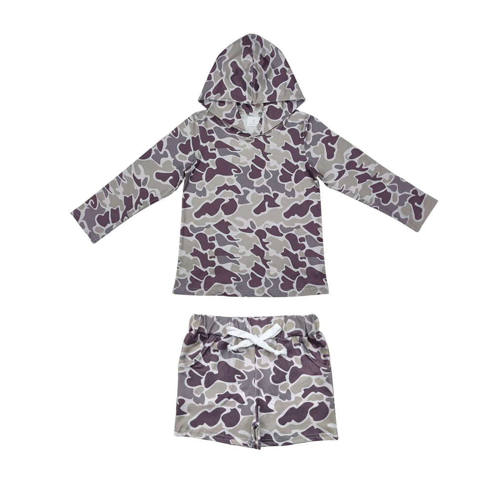 RTS NO MOQ Baby Boys Grey Camo Hoodie Top Pockets Shorts Southern Clothes Sets