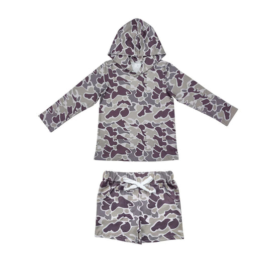 RTS NO MOQ Baby Boys Grey Camo Hoodie Top Pockets Shorts Southern Clothes Sets