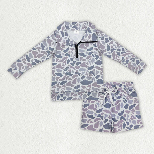 RTS NO MOQ（In Stock)  Baby Boys Long Sleeve Camo Zipper Pullover Pockets Shorts Southern Clothes Set