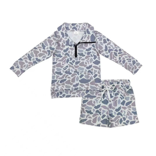 RTS NO MOQ Baby Boys Light Grey Camouflage Zip-Up Pullover with Pockets Matching Shorts Southern Style Children's Clothing Set