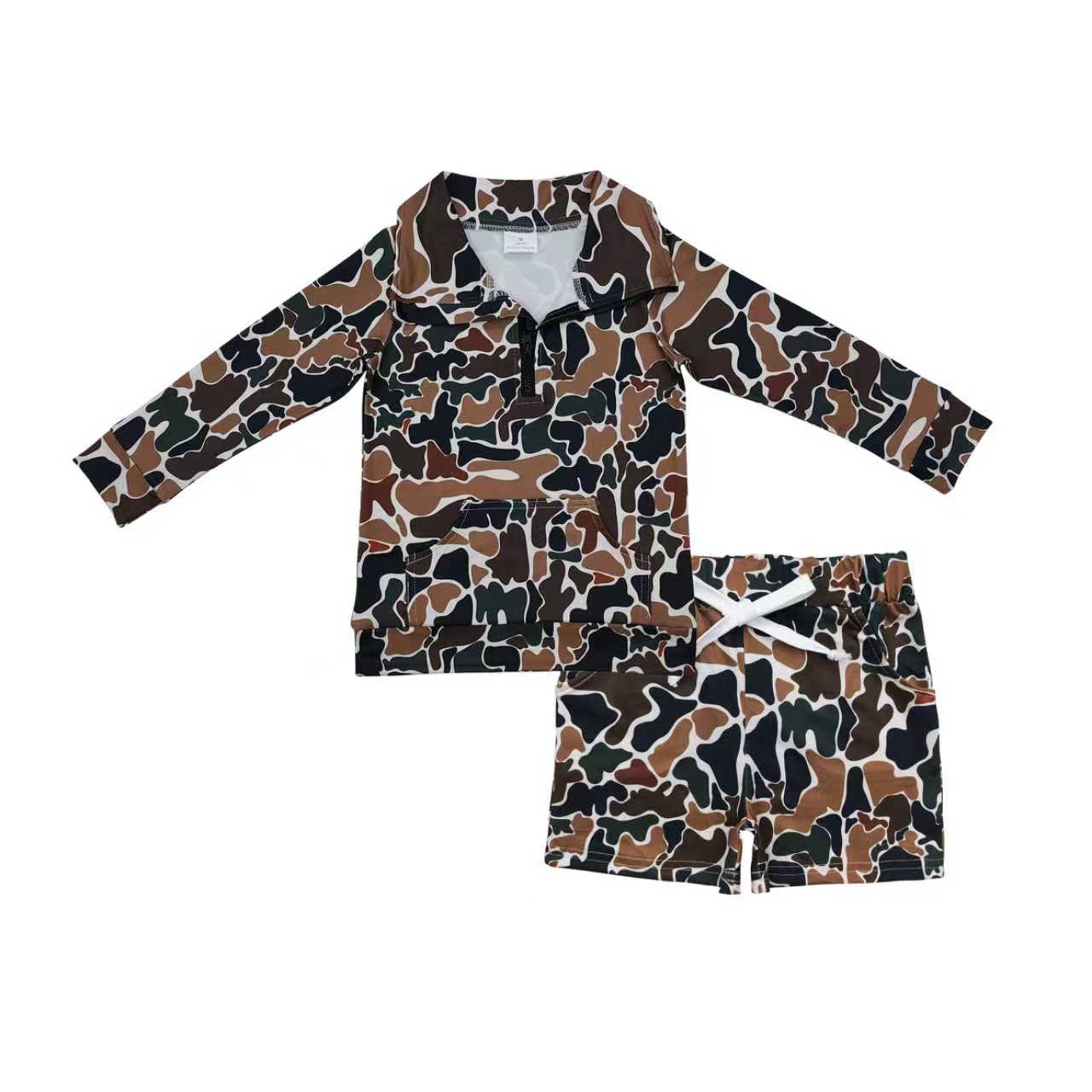 RTS NO MOQ Baby Boys Dark Brown Camouflage Pullover with Zipper Pocket Southern Style Clothing Set Includes Shorts with Pockets