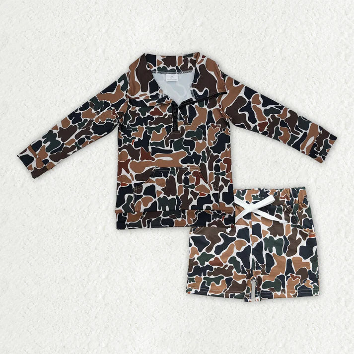 RTS NO MOQ（In Stock)  Baby Boys Long Sleeve Camo Zipper Pullover Pockets Shorts Southern Clothes Set