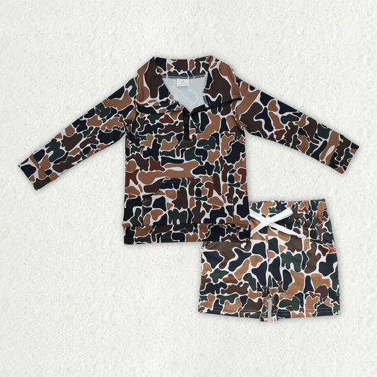 RTS NO MOQ（In Stock)  Baby Boys Long Sleeve Camo Zipper Pullover Pockets Shorts Southern Clothes Set