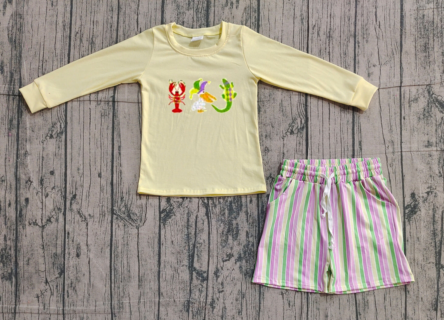 (Pre Order) No moq BLS0015 PRE-ORDER baby boy clothes embroidery mardi gras long sleeve shorts sets-2025.11.24