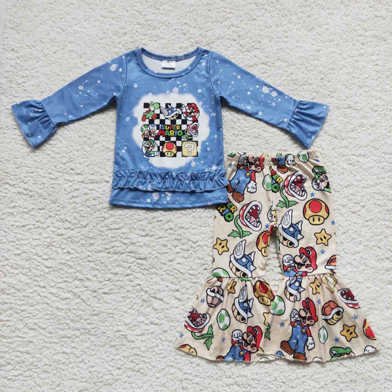 RTS NO MOQ（In Stock) Cartoon Mario Blue Lace Beige Long Sleeve Pants Suit