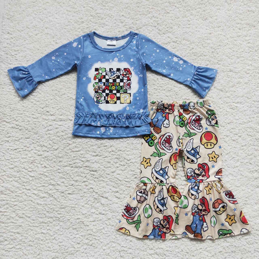 RTS NO MOQ（In Stock) Cartoon Mario Blue Lace Beige Long Sleeve Pants Suit