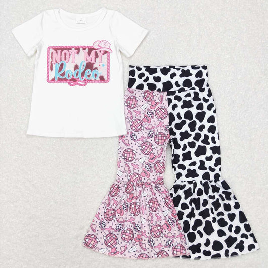 P0369 Alpine cow head cactus lamp ball cow pattern patchwork trousers+GT0139 Girls NOT MY White Short Sleeve Top