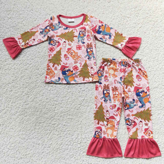 GLP0622 Girls Christmas dog Pink Long Sleeve Pant Set