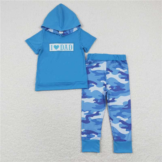 RTS NO MOQ（In Stock) BSPO0281 baby boy clothes embroidered I love DAD hooded short sleeve trousers suit