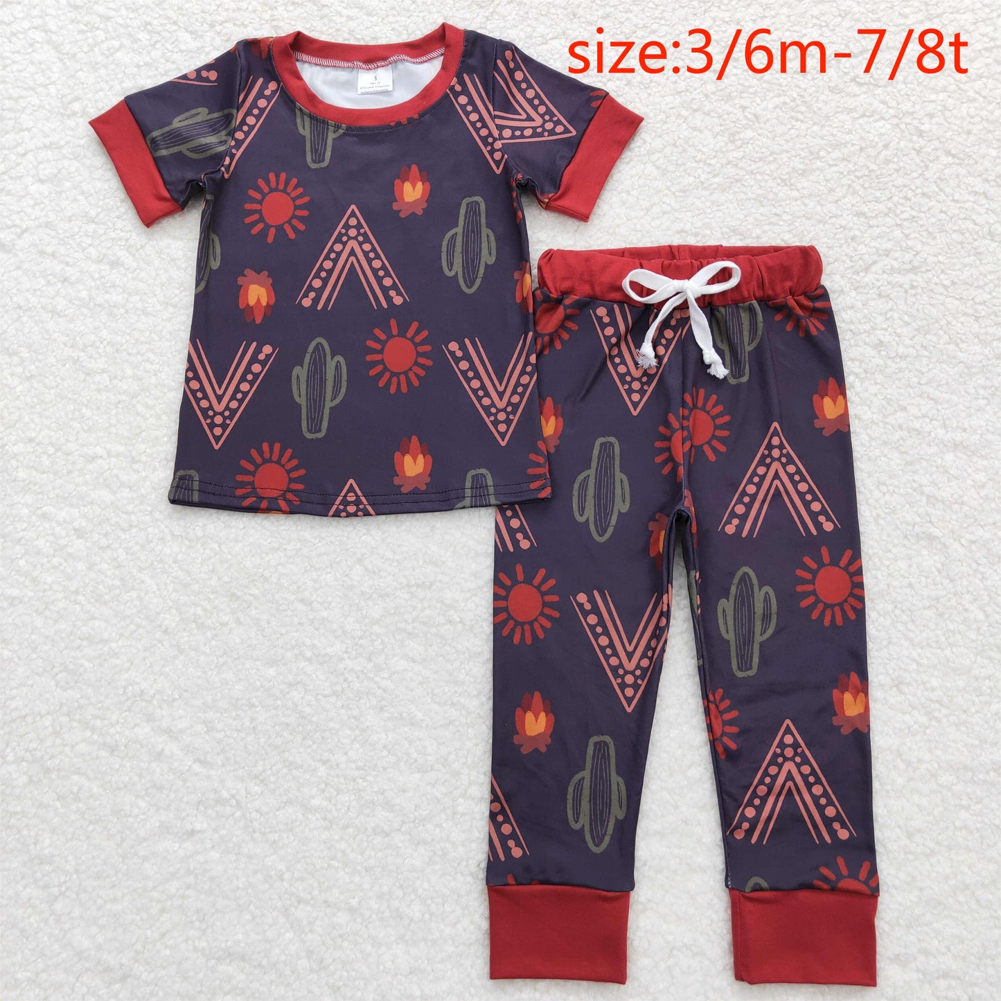 BSPO0326 Cactus Sun Gray Brown Short Sleeve Long Pants Pajama Set