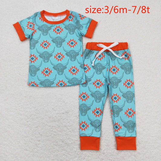 BSPO0328 Alpine cow head geometric blue and brown short-sleeved trousers pajama set