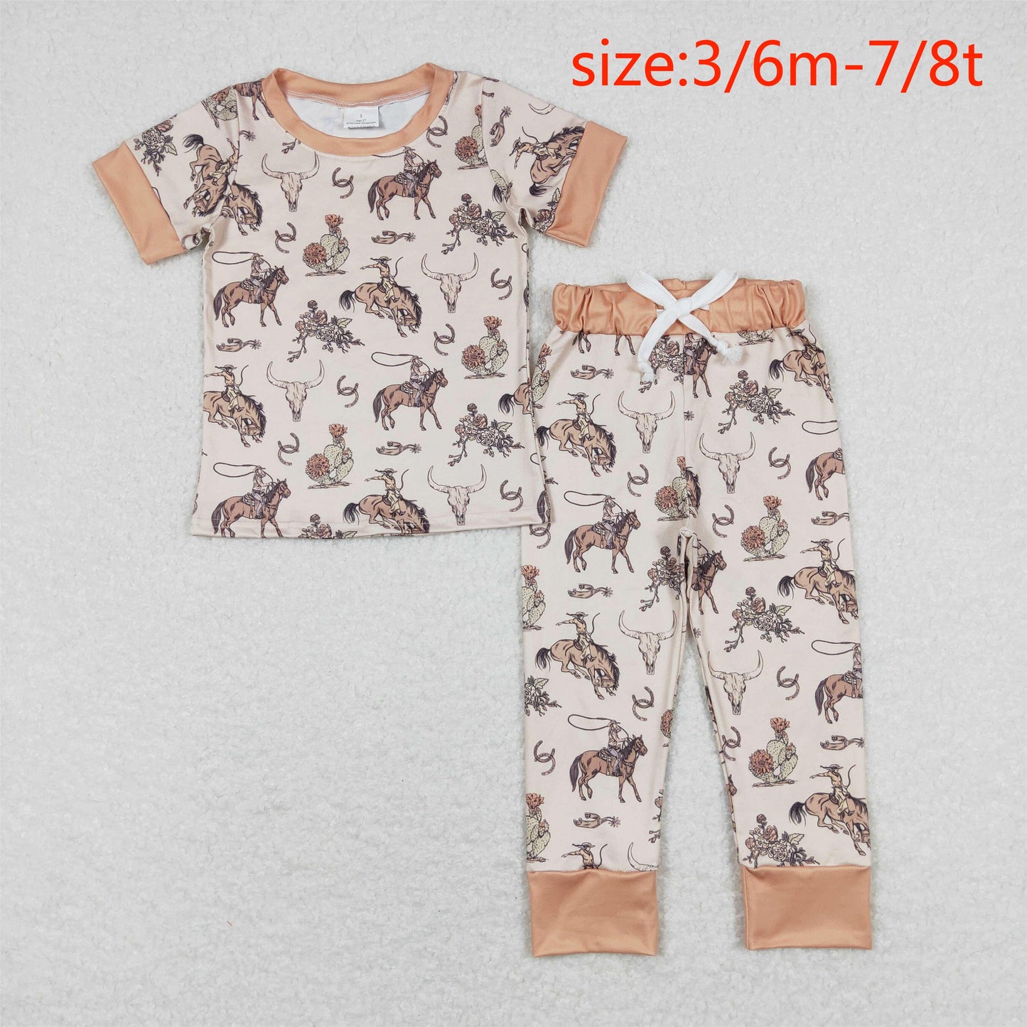 BSPO0344 Horseback Riding Alpine Cow Head Light Brown Short Sleeve Long Pants Pajama Set