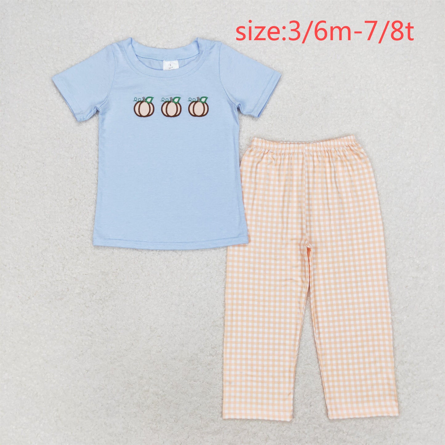 RTS NO MOQ BSPO0371 Embroidered pumpkin blue short sleeve orange plaid trousers set