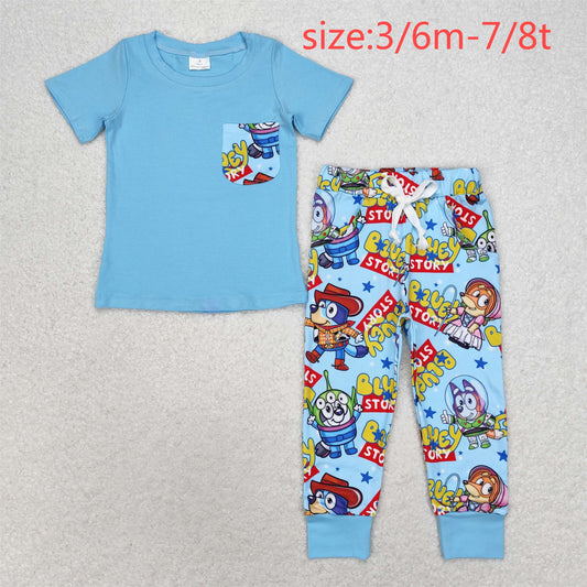 RTS NO MOQ BSPO0375 bluey story pocket blue short-sleeved trousers set