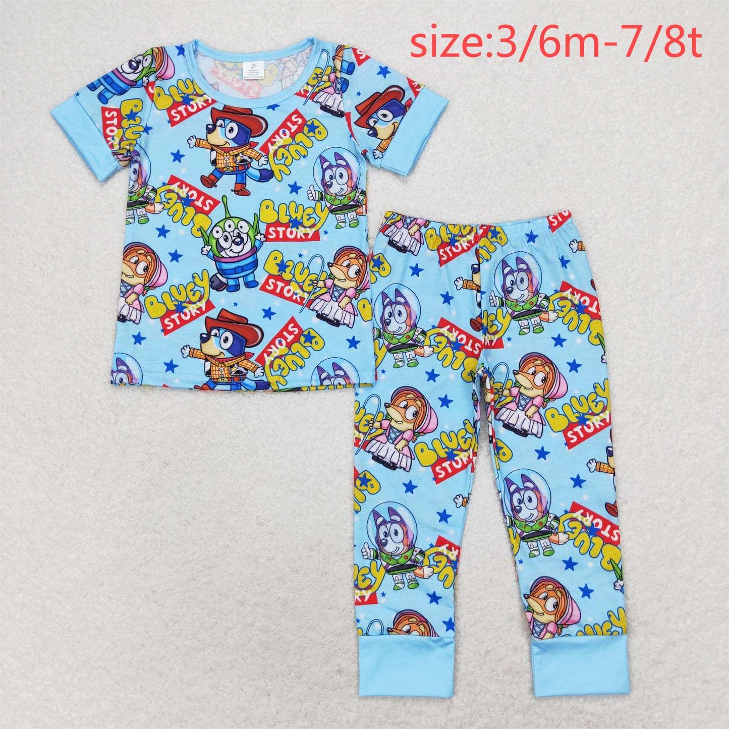 RTS NO MOQ（In Stock ) modal cartoon dog story Modal blue short-sleeved long pants pajama set
