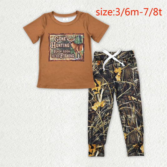 BT0424+P0434 gone hunting letter elk brown short sleeve top Camouflage twigs and leaves pants