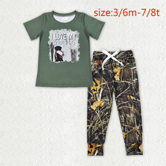 BT0413+P0434 love my gun dog puppy green short-sleeved top Camouflage twigs and leaves pants