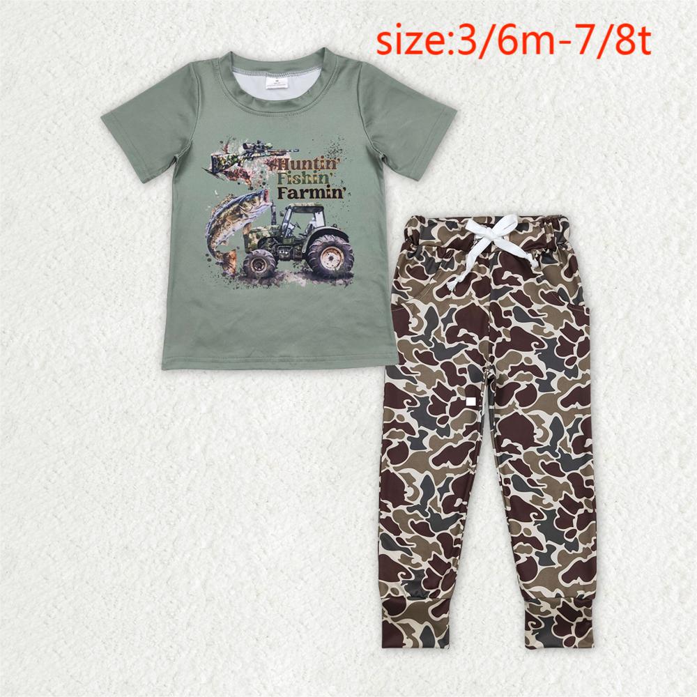 BT0344+P0433 huntin' fishin' farmin' letter green short-sleeved top Camo brown green beige trousers