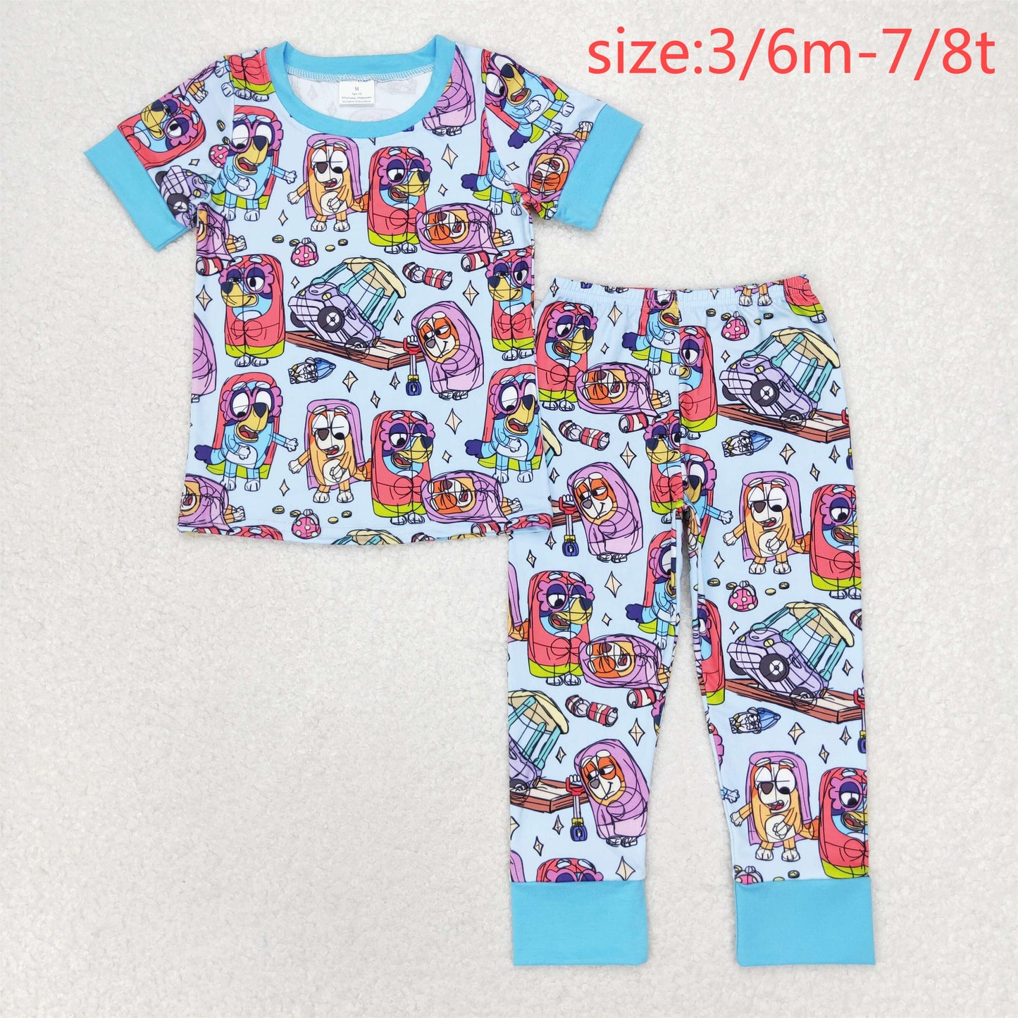 RTS NO MOQ BSPO0383 bluey Blue Short Sleeve Long Pants Pajama Set