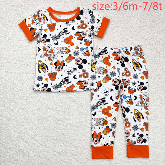 RTS NO MOQ BSPO0390 Mickey donut spider bat orange white short sleeve long trousers pajama set
