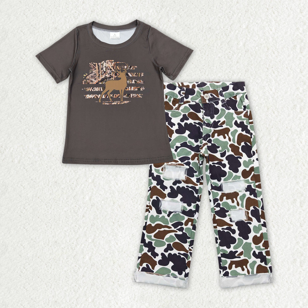 BT0440+P0413 Star Elk Brown Short Sleeve Top Brown and green camouflage ripped denim pants