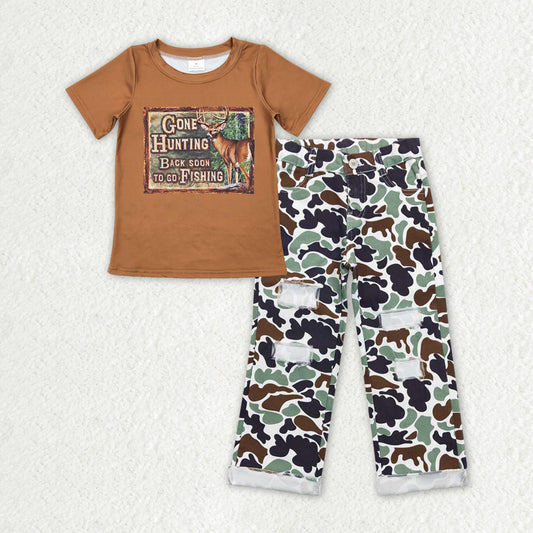 BT0424+P0413 gone hunting letter elk brown short-sleeved top Brown and green camouflage ripped denim trousers