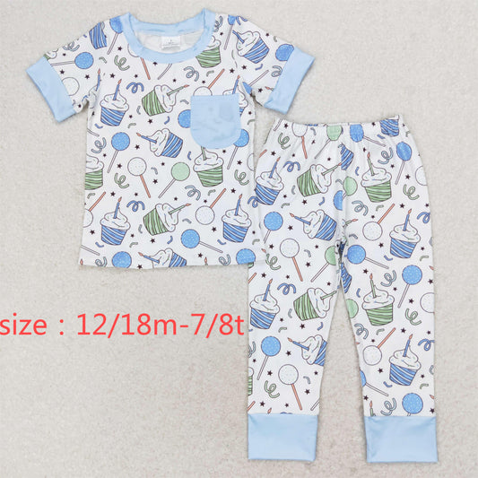 RTS NO MOQ BSPO0410 Birthday candle cake blue pocket short-sleeved long pants pajamas set