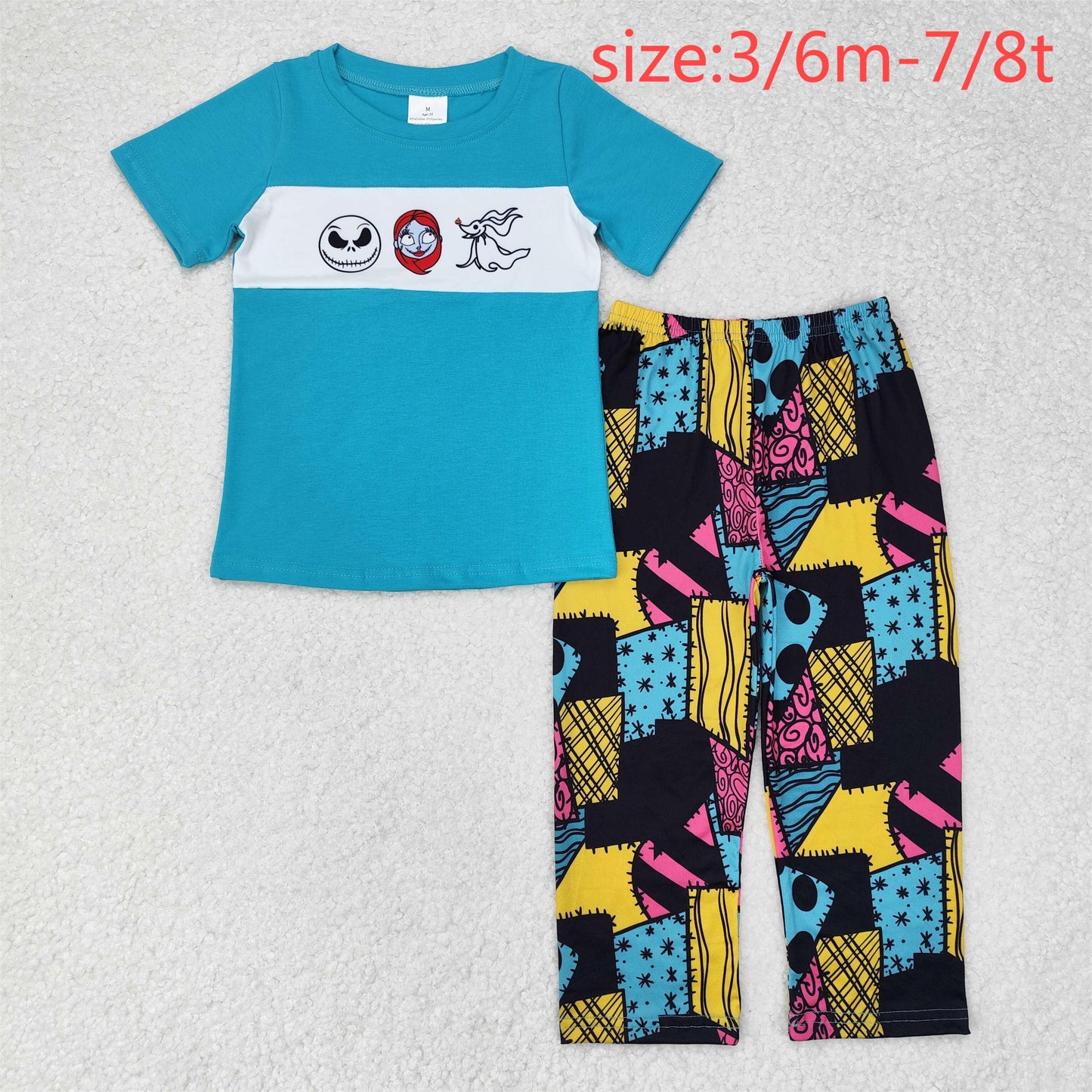 RTS no moq BSPO0416 The Nightmare Before Christmas teal short-sleeved patchwork trousers set
