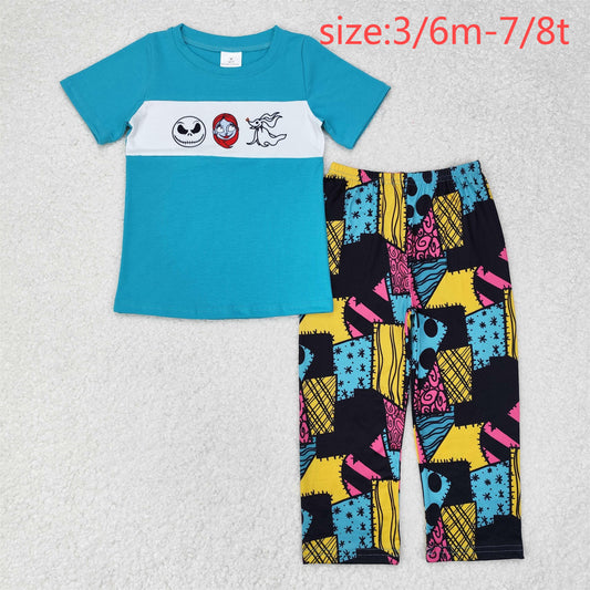 RTS no moq BSPO0416 The Nightmare Before Christmas teal short-sleeved patchwork trousers set