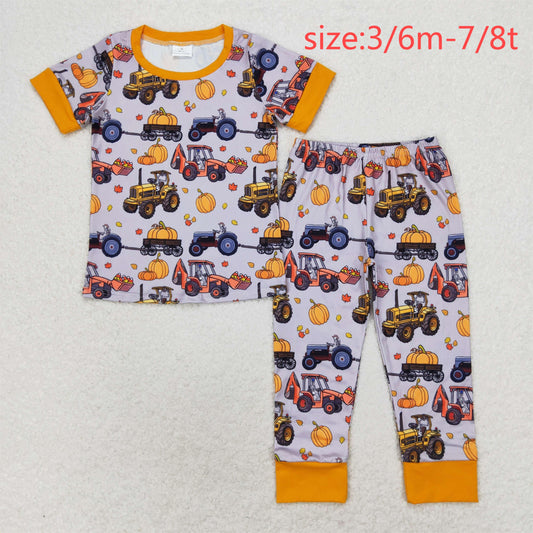 RTS NO MOQ BSPO0422 pumpkin truck tractor orange gray short sleeve trousers pajamas set