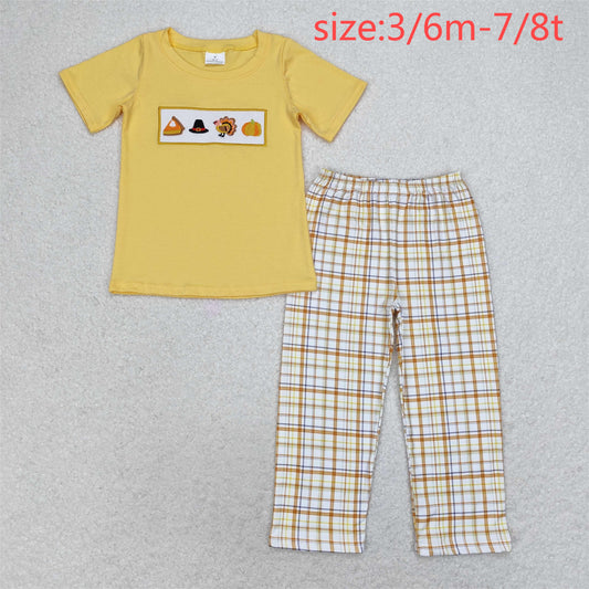 RTS NO MOQ BSPO0433 embroidery hat turkey pumpkin orange and yellow short-sleeved plaid trousers suit