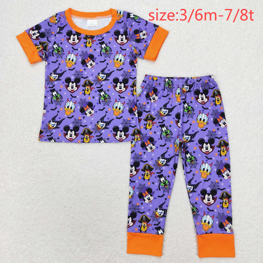 RTS NO MOQ BSPO0434 Halloween Mickey Donald Duck purple and orange short-sleeved long pants pajama set