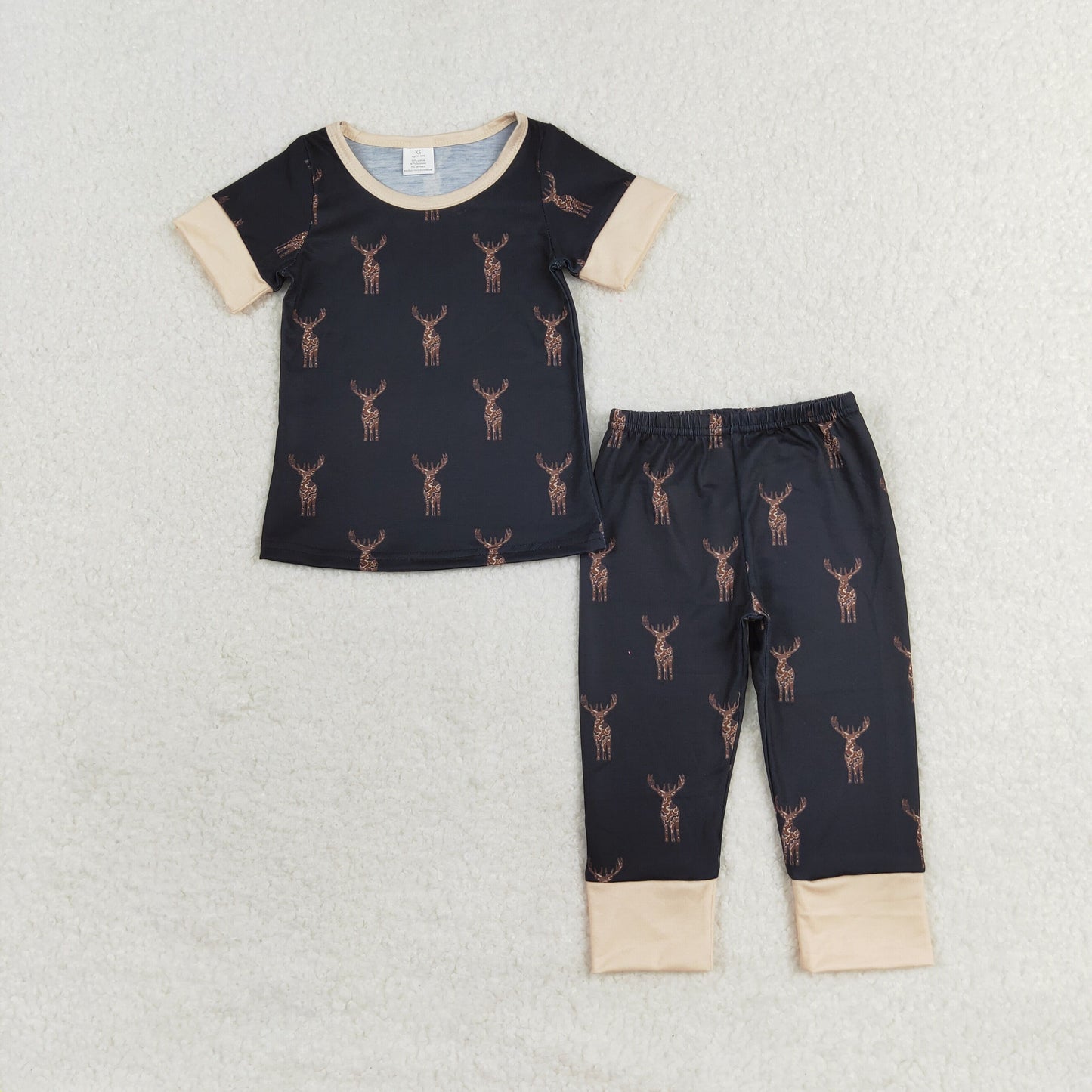 bamboo RTS NO MOQ BSPO0440 Modal Deer Brown Black Short Sleeve Long Pants Pajama Set