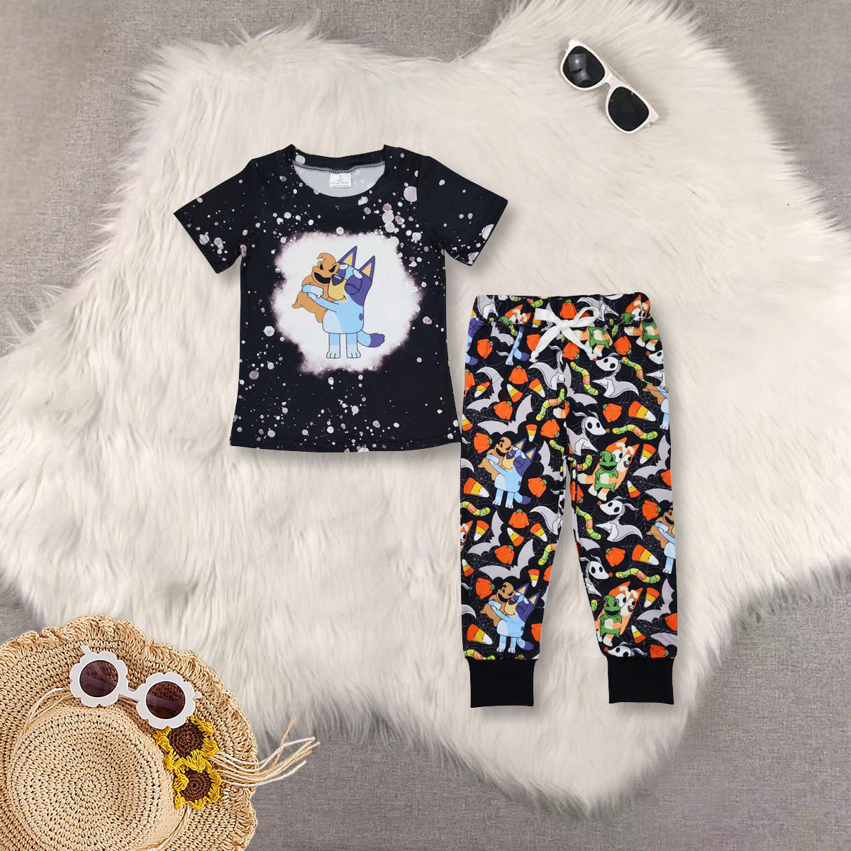 RTS NO MOQ Sibling Baby Boys halloween cartoon Short Sleeve Pants Sets