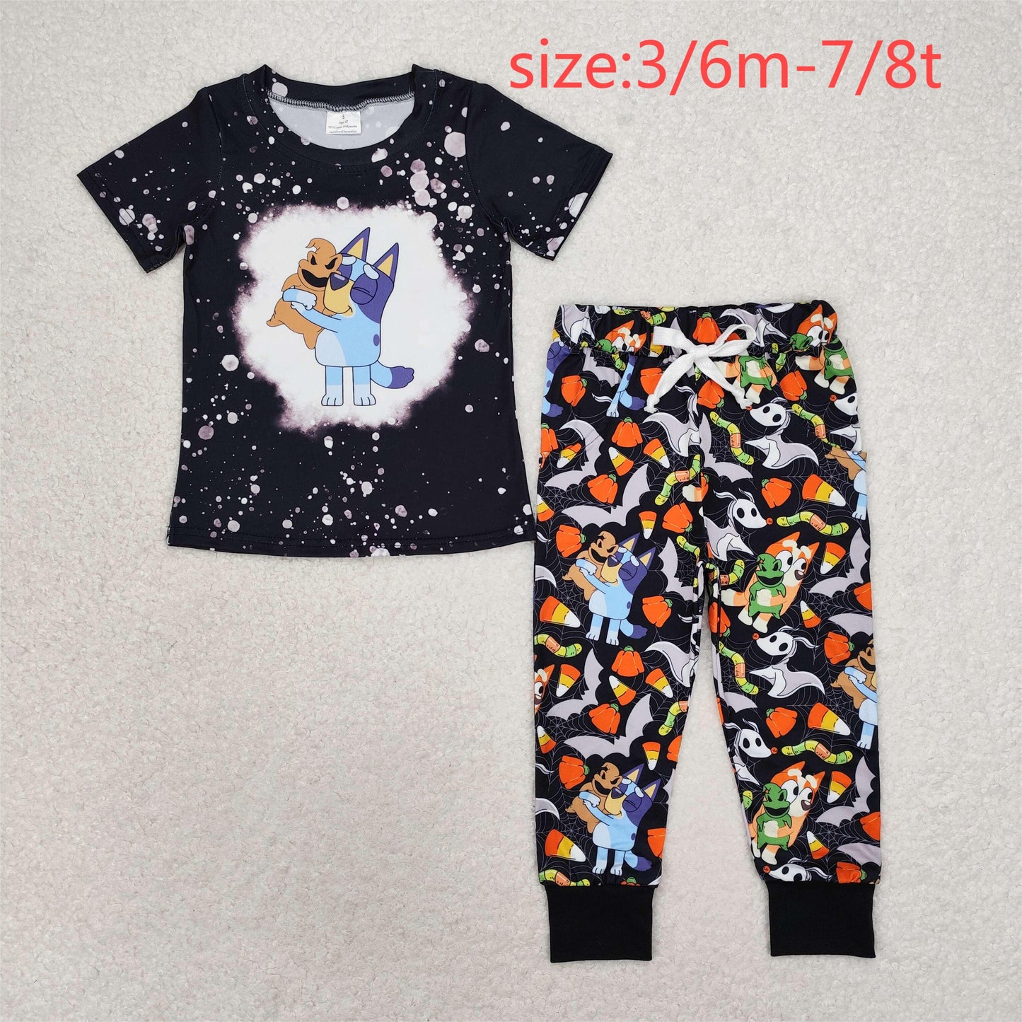 RTS NO MOQ BSPO0448 Boys bluey Halloween candy bat black short sleeve trousers set