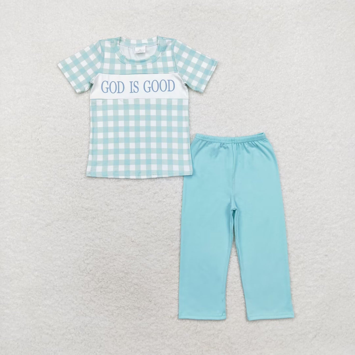 RTS no moq BSPO0463 god is good plaid short-sleeved blue-green trousers set