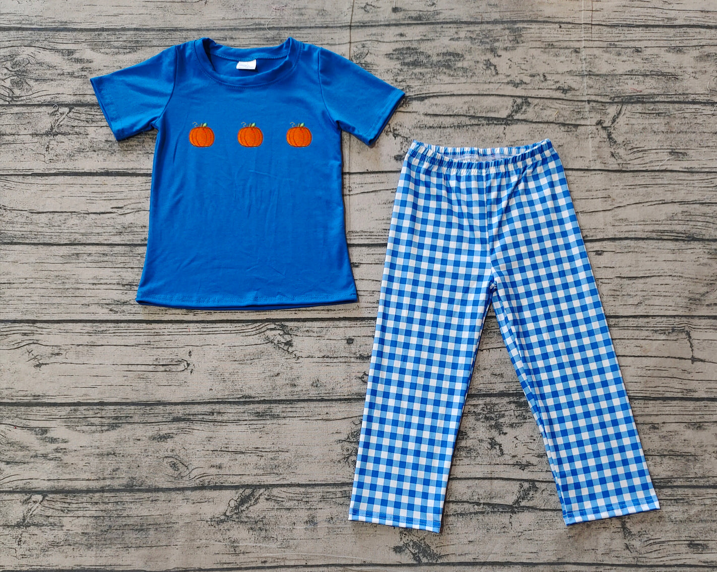 NO MOQ sales BSPO0468 baby boys clothes embroidery pumpkin blue short sleeve pants sets