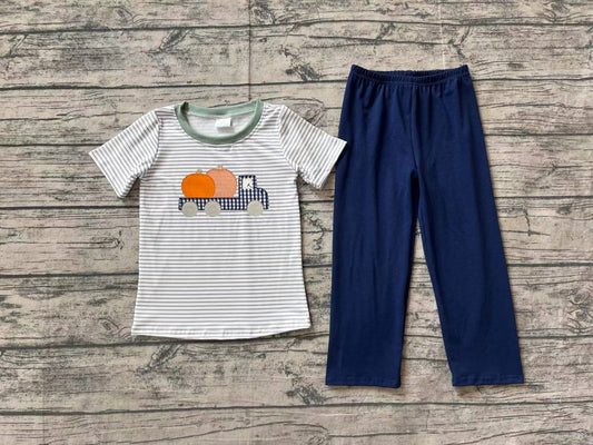 NO MOQ sales BSPO0473 baby boys clothes embroidery pumpkin navy blue short sleeve pants sets