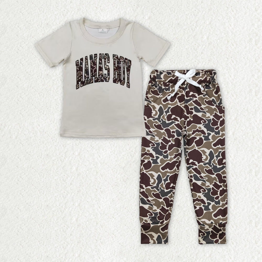 RTS no moq BT0792+P0433 mama's boy camouflage lettering beige short-sleeved top brown-green pants sets