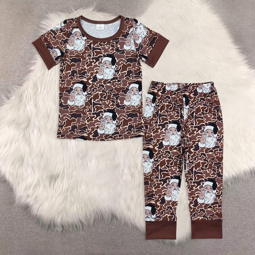 RTS NO MOQ Sibling Baby Boy Christmas Camouflage Santa Claus Bamboo Pajama Set and Long Zip-Up Romper