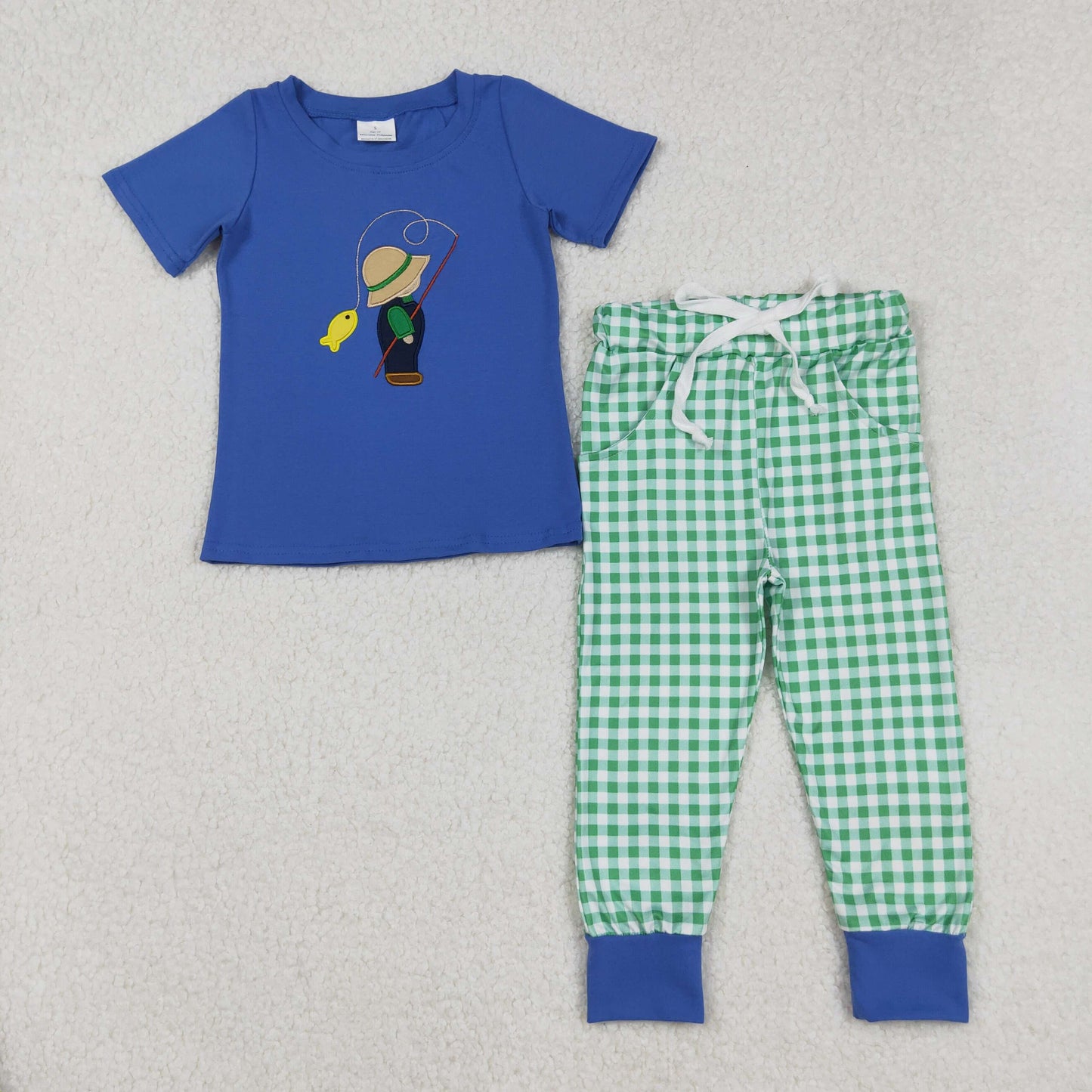 RTS NO MOQ（In Stock) BSPO0506 Embroidered Fishing Kids Blue Short-Sleeve Green Plaid Trouser Set