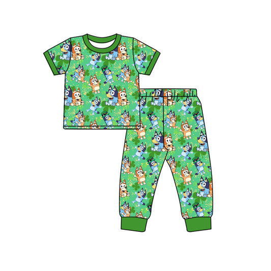 NO MOQ sales BSPO0511 Pre-order baby boys clothes cartoon dog green short sleeve pants sets -2024.10.15