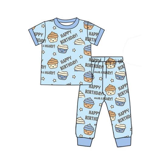 NO MOQ sales BSPO0545 Pre-order baby boys clothes HAPPY BIRTHDAY blue short sleeve pants sets -2024.11.30