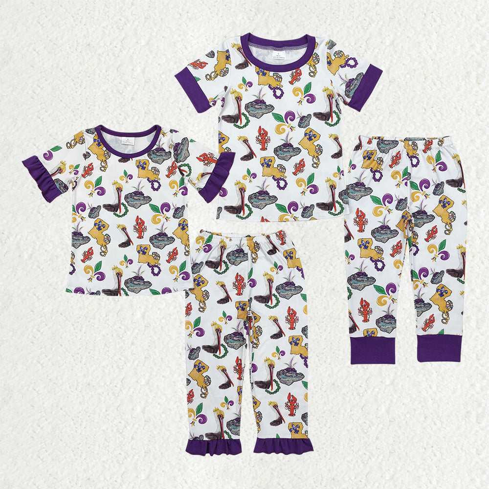 RTS NO MOQ Sibling baby Girls Boys Mardi gras short sleeve pants sets 2