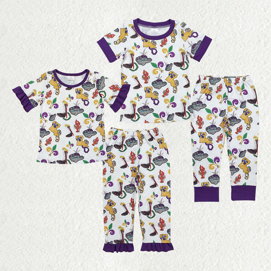 RTS NO MOQ Sibling baby Girls Boys Mardi gras short sleeve pants sets 2