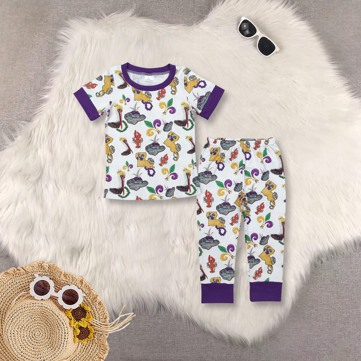 RTS NO MOQ Sibling baby Girls Boys Mardi gras short sleeve pants sets 2