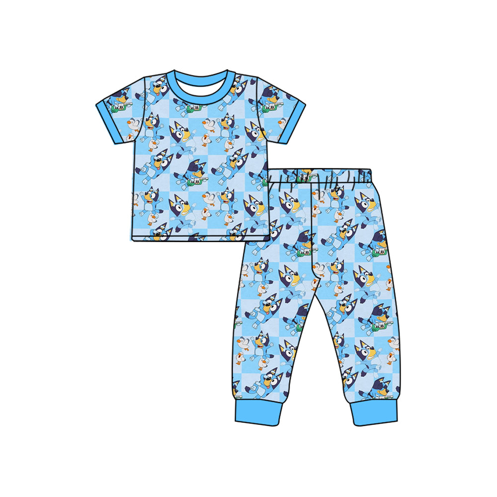 NO MOQ sales BSPO0552 Pre-order baby boys clothes cartoon dog blue short sleeve pants sets -2024.12.14