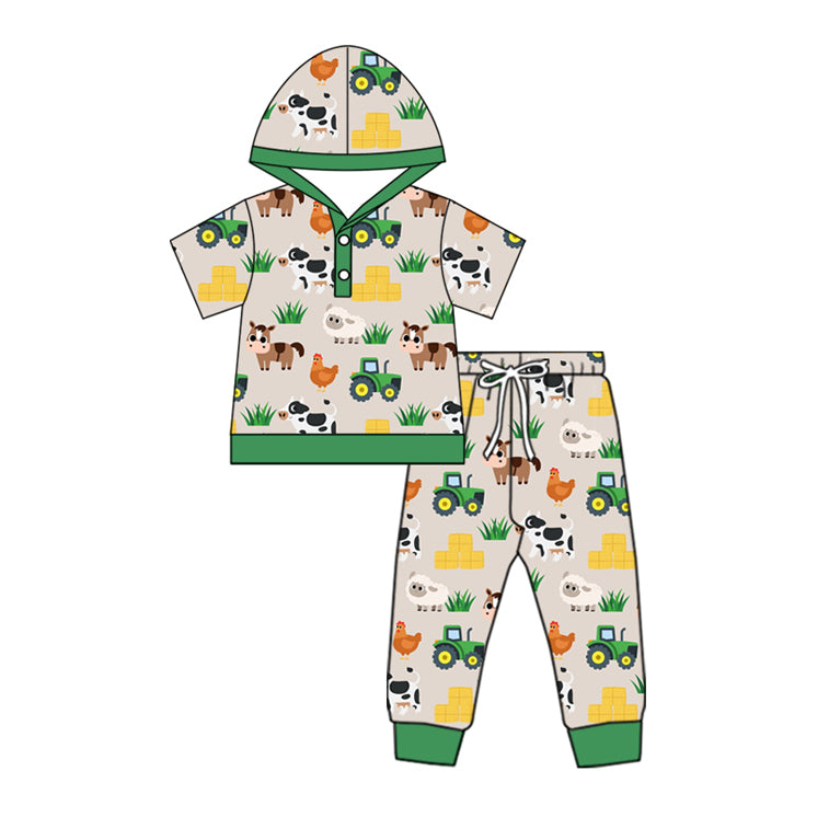 NO MOQ sales BSPO0570 Pre-order baby boy clothes animal farm hooded short sleeve pants sets -2025.5.10