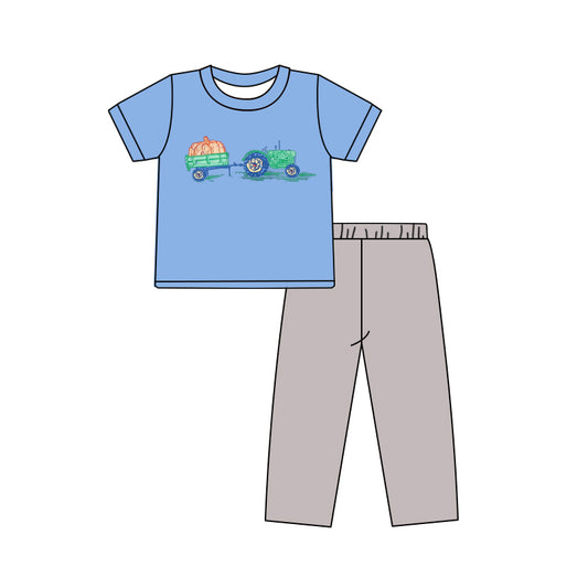 NO MOQ sales BSPO0571 Pre-order baby boy clothes pumpkin blue short sleeve pants sets -2025.5.13